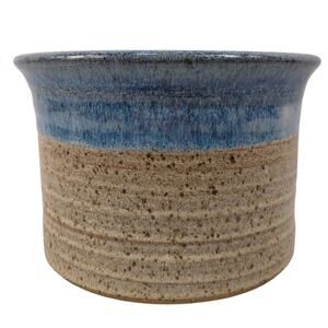 Vintage Signed Studio Art Pottery Sm Blue Drip Glaze Stoneware Farmhouse Crock